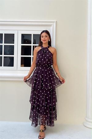Neşeli butik kadın kahverengi puantiye desenli halter yaka bluz kat kat etek ikili takım NBMY4093