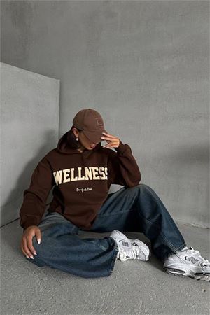 Neşeli butik kadın kahve nakış detaylı kapuşonlu kışlık sweat NBG032