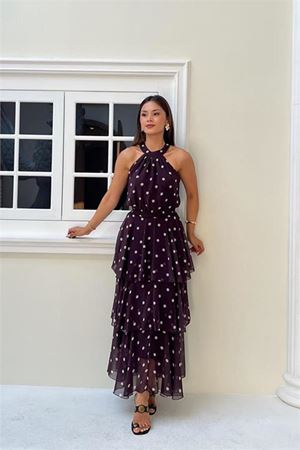 Neşeli butik kadın kahverengi puantiye desenli halter yaka bluz kat kat etek ikili takım NBMY4093