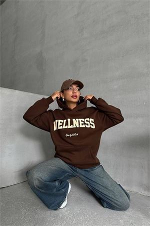 Neşeli butik kadın kahve nakış detaylı kapuşonlu kışlık sweat NBG032