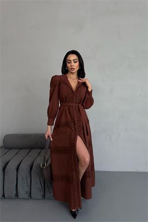 Neşeli butik kadın kahverengi dantel detaylı elbise NBEMP2677