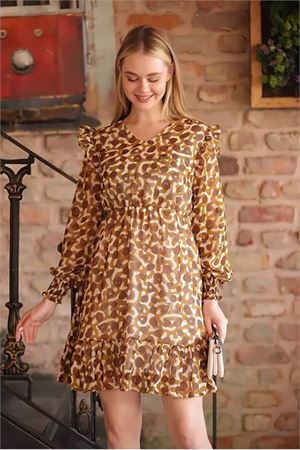 Neşeli butik kadın kahverengi V-yaka omuz detaylı mini şifon elbise RSSN22