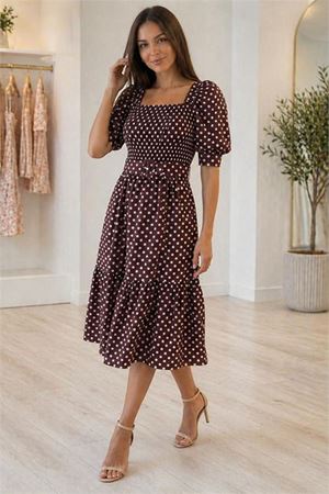 Neşeli butik kadın kahverengi puantiye desen kare ya balon kol midi elbise ---NBK083