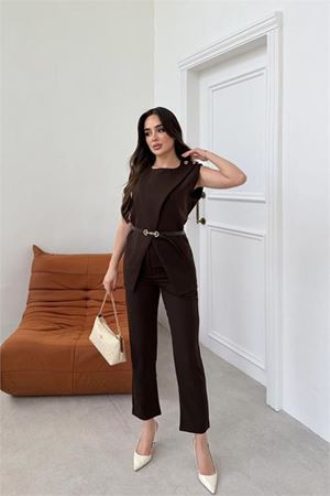 Neşeli butik kadın kahverengi omuz düğme detaylı kolsuz blazer pantolon takım ---NBTKM4061
