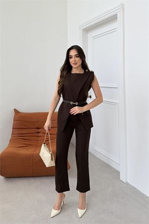 Neşeli butik kadın kahverengi omuz düğme detaylı kolsuz blazer pantolon takım ---NBTKM4061