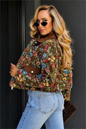 Neşeli butik kadın İthal chokella kumaş çiçek desenli fermuarlı tasarım ceket NBMS26117