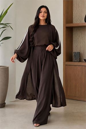 Neşeli butik kadın kahve şerit detaylı oversize tunik pantolon ikili tesettür takım NMS102