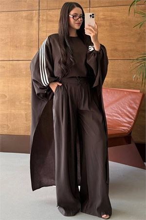 Neşeli butik kadın kahve şerit detaylı oversize tunik pantolon ikili tesettür takım NMS102