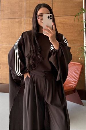 Neşeli butik kadın kahve şerit detaylı oversize tunik pantolon ikili tesettür takım NMS102