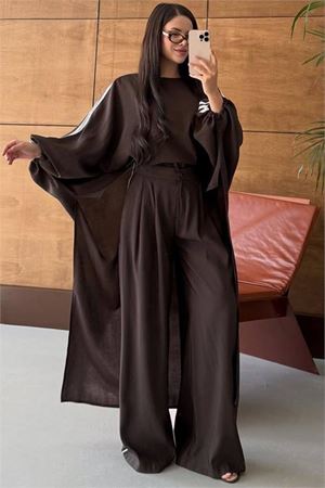 Neşeli butik kadın kahve şerit detaylı oversize tunik pantolon ikili tesettür takım NMS102