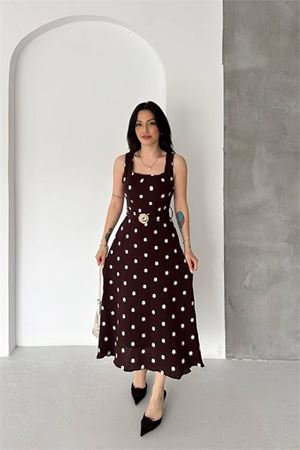 Neşeli butik kadın kahverengi çiçek nakışlı kemer detaylı kare yaka midi boy yazlık elbise ---- NBK086