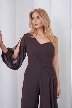 Neşeli butik kadın kahverengi tek kol astarlı tül kumaş tasarım abiye tulum NBS9389