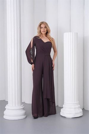 Neşeli butik kadın kahverengi tek kol astarlı tül kumaş tasarım abiye tulum NBS9389