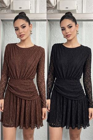 Neşeli butik kadın kahverengi dantel kumaş korsajlı omuz vatkalı mini boy premium elbise NBDKS199
