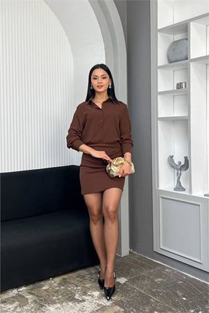 Neşeli butik kadın kahverengi gömlek yaka eteği drapeli mini boy düğme detaylı elbise NBMY3869