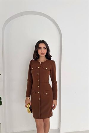 Neşeli butik kadın gold düğme detaylı uzun kollu mini elbise NBK4388