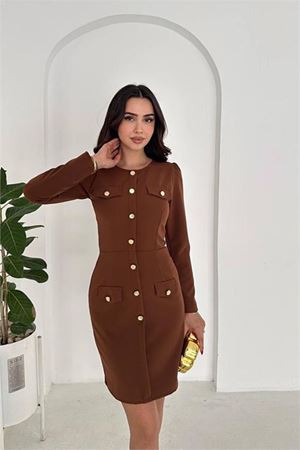 Neşeli butik kadın gold düğme detaylı uzun kollu mini elbise NBK4388