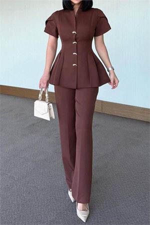 Neşeli butik kadın kahverengi gold düğme detaylı peplum kesim premium takım NBSTR4423