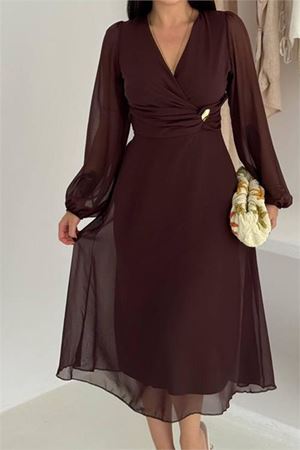 Neşeli butik kadın bel toka detaylı astarlı şifon elbise NBK4329