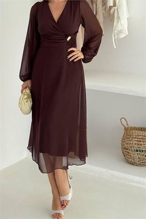 Neşeli butik kadın bel toka detaylı astarlı şifon elbise NBK4329