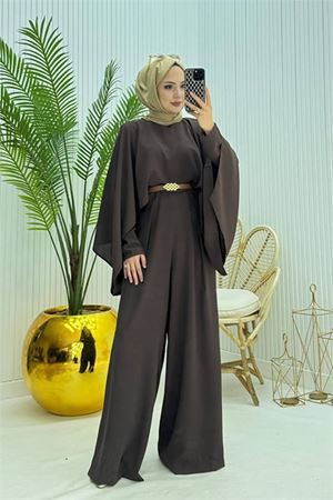 Neşeli butik kadın pelerinli kemer detaylı tesettür tulum NMS061