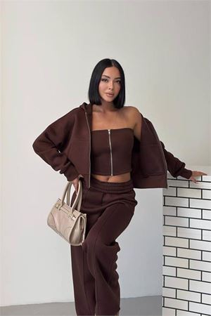 Neşeli butik kadın kahverengi fermuarlı 3 iplik şardonlu üçlü yeni sezon eşofman takımı NBG6372