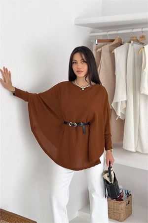 Neşeli butik kadın kahverengi kemer detaylı yarasa kol panço NBK5003