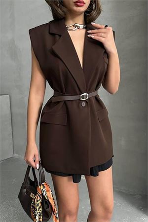 Neşeli butik kadın salaş kemerli kolsuz blazer ceket NBG076
