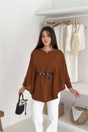 Neşeli butik kadın kahverengi kemer detaylı yarasa kol panço NBK5003