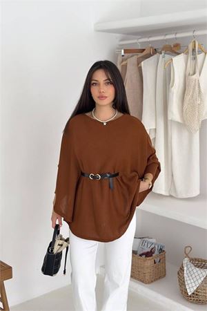 Neşeli butik kadın kahverengi kemer detaylı yarasa kol panço NBK5003