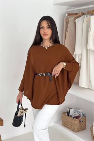 Neşeli butik kadın kahverengi kemer detaylı yarasa kol panço NBK5003