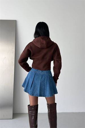 Neşeli butik kadın kahverengi 3 iplik şardonlu kapüşonlu fermuarlı crop sweatshirt NBG6224