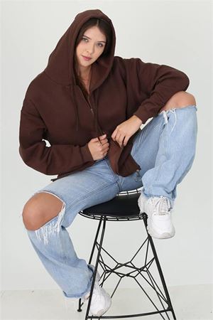 Neşeli butik kadın kapüşonlu cep ve fermuar detaylı sweatshirt FVR003