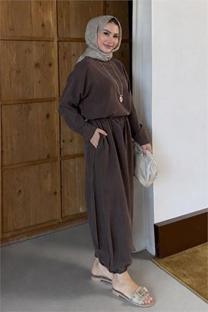 Neşeli butik kadın kahverengi asimetrik tunik pantolon oversize tesnsel tesettür takım NMS104