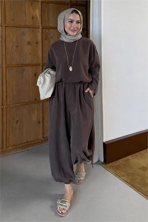 Neşeli butik kadın kahverengi asimetrik tunik pantolon oversize tesnsel tesettür takım NMS104