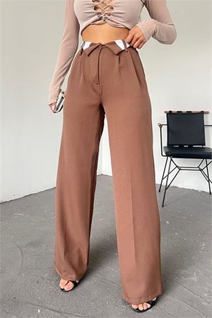 Neşeli butik kadın kahverengi palazzo pantolon QNS036