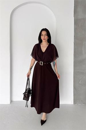 Neşeli butik kadın kahverengi şifon kol detaylı V yaka kemerli midi boy elbise ----NBK085
