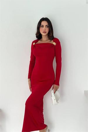 Neşeli butik kadın drapeli kayık yaka gold aksesuarlı elbise NBK4386