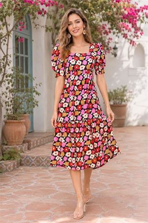 Neşeli butik kadın kırmızı midi boy çiçek desenli kare yaka yazlık viskon elbise NBELB12