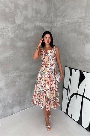 Neşeli butik kadın kırmızı kare yaka çiçek desenli kolsuz beli oturan midi elbise NBK4670