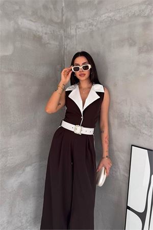 Neşeli butik kadın kahverengi çift renkli kemerli şerit detaylı tam boy kolsuz tulum NBK087