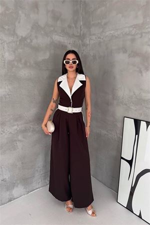 Neşeli butik kadın kahverengi çift renkli kemerli şerit detaylı tam boy kolsuz tulum NBK087