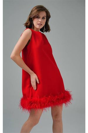 Neşeli butik kadın atlas kumaş tüy detaylı mini abiye NBSWLL04