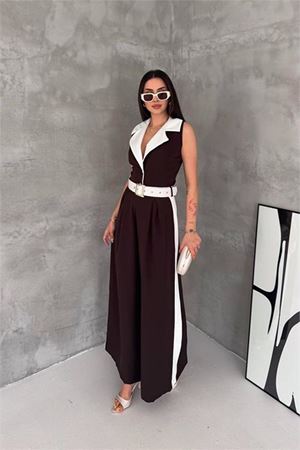 Neşeli butik kadın kahverengi çift renkli kemerli şerit detaylı tam boy kolsuz tulum NBK087