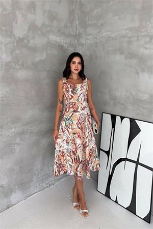 Neşeli butik kadın kırmızı kare yaka çiçek desenli kolsuz beli oturan midi elbise NBK4670