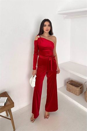 Neşeli butik kadın kırmızı kuşaklı tek omuz kadife kumaş tulum NBK068