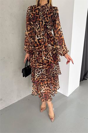 Neşeli butik kadın eteği kat kat leopar desenli şifon elbise NBKKLF2036