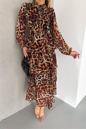 Neşeli butik kadın eteği kat kat leopar desenli şifon elbise NBKKLF2036