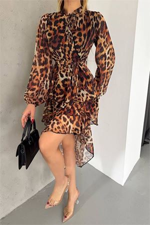 Neşeli butik kadın eteği kat kat leopar desenli şifon elbise NBKKLF2036