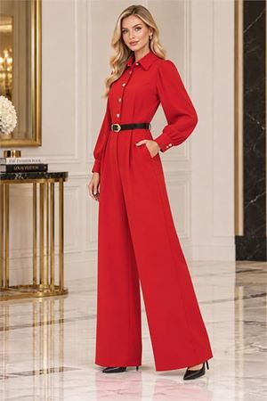 Neşeli butik kadın kırmızı balon kol kemerli gömlek yaka krep kumaş tulum NBK5006